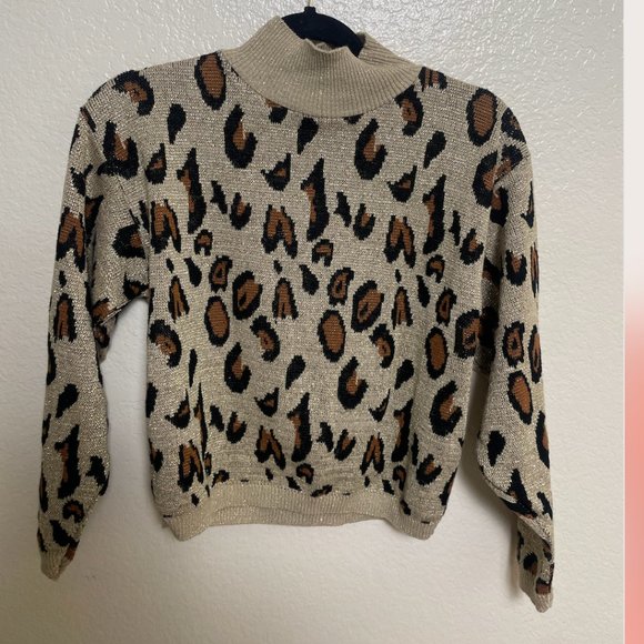 ⭐️ Leopard Shimmer Glitter Boho Mock Neck Hipster Hippie Art Chic Glam Sweater - Picture 2 of 5